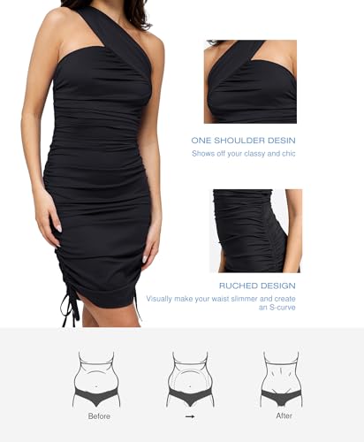 Popilush Shapewear Dress One Shoulder Ruched Dress with Drawstring for Women Summer Dress BlueTag Collection4