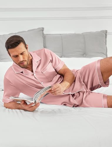 Vssjavun Mens Satin Silk Pajamas Sets Short Sleeve Button-Down Sleepwear Two Piece Loungewear with Pockets