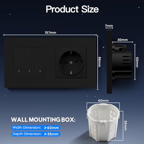 BSEED Normal Steckdose mit Smart Lichtschalter(Neutralleiter Erforderlich), Wlan Schalter Unterputz Kompatibel mit Alexa und Google Home, Taster Schalter 3 Fach 1 Weg mit PC Rahmen, Schwarz