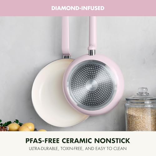 Image of GreenPan Rio Advanced 10 inch and 12 inch Frying Pan Skillet Set, Ceramic Nonstick PFAS-Free Pans, Induction Ready, Dishwasher and Oven Safe, Pink