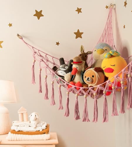 Image of Stuffed Animal Storage Hammock Corner with LED Light - Toy Hanging Organizer Plushie Net - Pink Room Decor for Teen Girls - Cute Bedroom Aesthetic Nursery Kids Baby Toddler