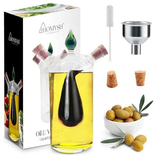 Homysh Oil and Vinegar Premium Dispenser, Beautiful and Elegant Olive Oil Dispenser Set for Your kitchen, Glass Bottle for Salad Dressing and Cooking, 15 Oz