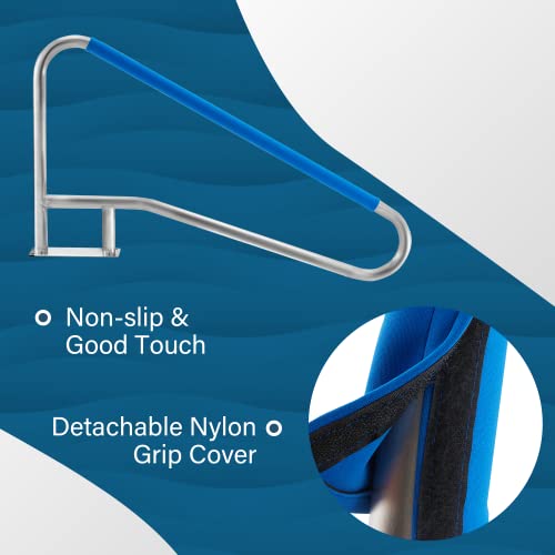 Yoleny Pool Handrail, 55"X32" 4-Bend Pool Stair Rail 1Pc, 440Lbs Load Capacity 304 Stainless Steel Pool Railing For Inground Swimming Pool With Blue Nylon Grip Cover Quick Mount Base Plate & Accessory #TOP3