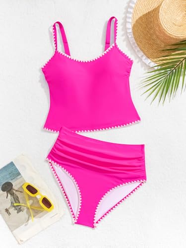 Image of Eomenie Tankini Swimsuit for Women Tummy Control Ruched Two Piece Bathing Suits High Waisted Shell Stitch Swimwear