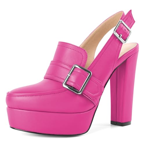 Image of Women's High Heel Loafers Platform Pumps Round Toe Heels Chunky Heel Pumps Stylish Comfortable 4.8 Inch Slingback Heels