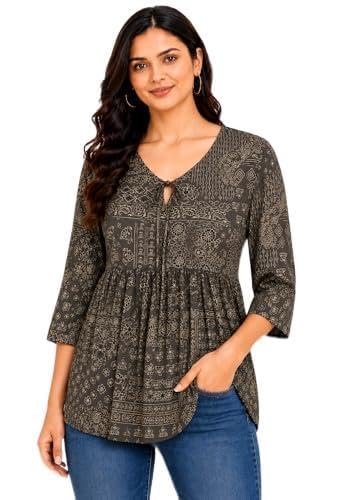 Image of ATTEM Women's Pure Cotton Printed Top | Casual Western Tunic for Women | 3 /4 Sleeve V-Neck Tie-Up Regular Fit Top | Office Wear