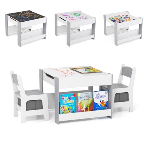 Image of GLACER Kids Table and Chairs, 4 in 1 Wooden Activity Table with Bookshelves, Reversible Tabletop, Chalkboard for Crafts, Drawing, Toddler Table and Chair Set, Easy to Clean (White + Gray)