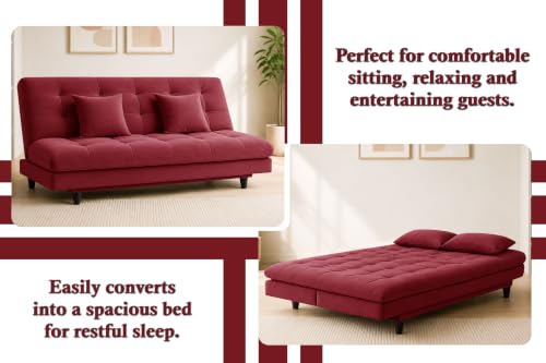 Image of Los Angeles Modern Convertible Futon Sofa Bed, Tufted Upholstered Folding Couch with Adjustable Backrest, Space Saving Sleeper Sofa for Living Room, Apartment, Office, Dorm & Guest Room - Red