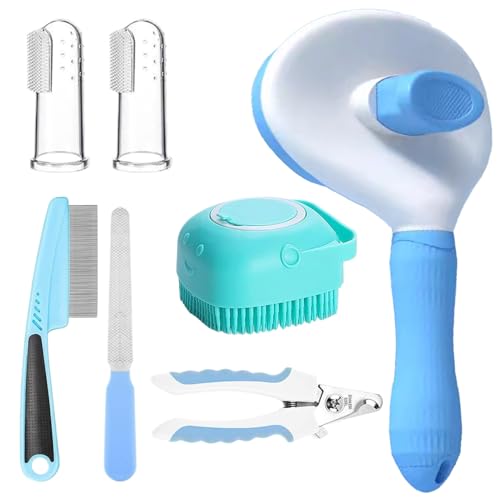 Kit de cepillo de pelo de gato, cepillo de perro para desprendimiento con cortaúñas y lima, 2 cepillos de dientes de dedos, peine de pulgas para mascotas para pelo corto y largo