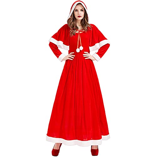 Winter Vrouwen Kerst Cape en Jurk Set, Hooded Mantel Effen Kleur Lange Jurk, Eland Haarband Rood Fluwelen Lange Mouwen Feestjurk, K, Eén maat - Image 4