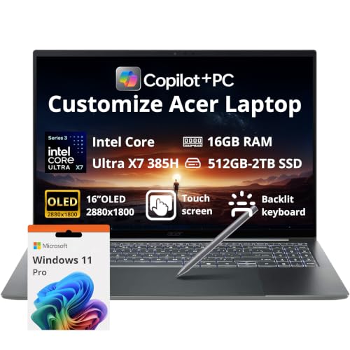 Image of Hotface Customized Laptop, Created Using Acer Swift 16 AI 16 inch 3K OLED Touchscreen Laptop, Intel Core Ultra X7 358H, 16GB RAM, 512GB /1TB /2TB SSD, Intel Arc B390, Backlit Keyboard, Win 11 Pro, Gray