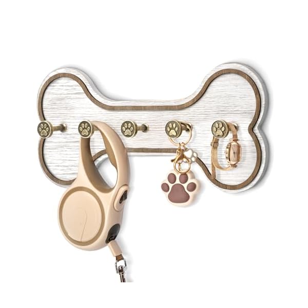 MTERSN Rustic Farmhouse Dog Leash Holder for Wall – Decorative Key Hooks Wall Mount with Bone Shape and Coat Hanger for Entryway – Pets Accessories Storage for Dog Lover Gifts (Distressed White)