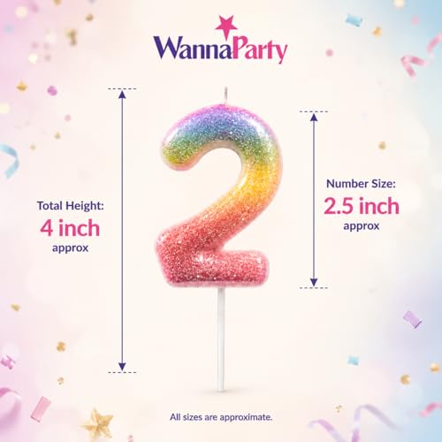 Image of Wanna Party Glitter Colorful 2nd Birthday Candle, Number 2 Cake Candle Cake Toppers for Girl Women, Glitter Colorful Themed Party Decorations Supplies Birthday Gifts
