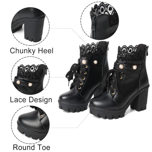 Image of FOREADA Goth Platform Heel Combat Boots Women Pearl Lace Victorian Booties