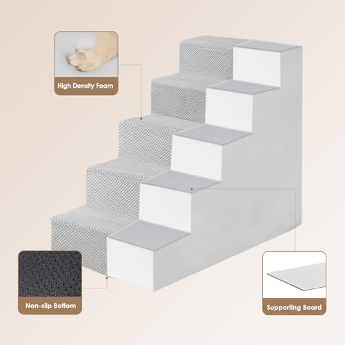 Image of EHEYCIGA Dog Stairs for High Bed 22.5 inch H, 5-Step Dog Steps for Bed, Pet Steps for Small Dogs and Cats, Non-Slip Balanced Pet Ramp Indoor, Light Grey