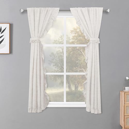 Castle Selection 2 Panel 32" W by 45" H Linen Window Curtain Set Rustic Style Decoration with Ruffled Edge, Tie Backs and Wall Adhesive Hooks (White)