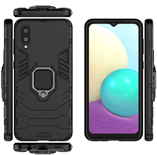 Samsung Galaxy A02 / Galaxy M02 Kickstand Case with Tempered Glass Screen Protector [2 pieces], Hybrid Heavy Duty Armor Dual Layer Anti-Scratch Case Cover (Black)