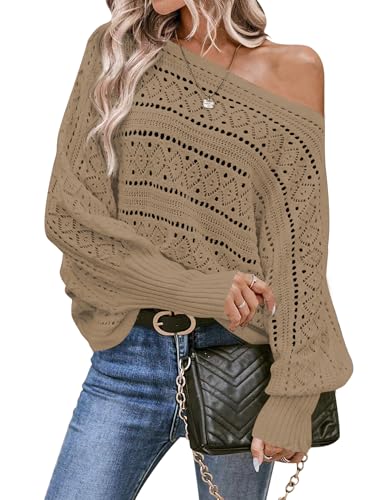 Image of Cakulo Womens Off Shoulder Crochet Sweater Top 2025 Fall Fashion Batwing Long Sleeve Sweaters Outfits Khaki XL