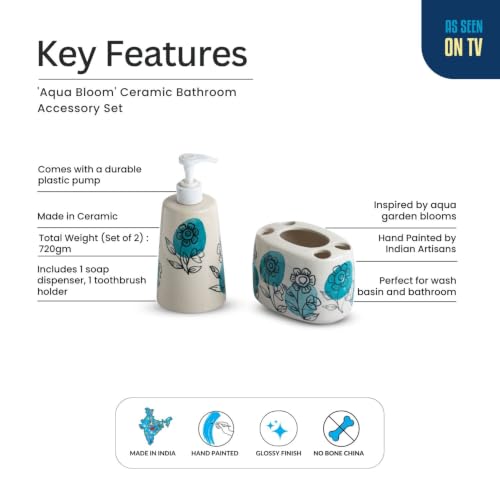 Image of ExclusiveLane 'Aqua Bloom' Hand-Painted Ceramic Bathroom Accessories Set of 2 (Liquid Soap Dispenser for Wash Basin, Paste & Toothbrush Holder) |Handwash Dispenser |Bathroom Organiser Set