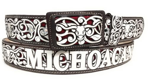 Men's Laser Cut Michoacan Brown Western Belt, Saddle Horse Toro Cinto Charro Vaquero Michoacan2