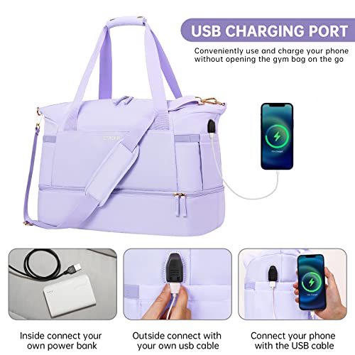 Gym Bag For Women, Sports Travel Duffel Bag With Usb Charging Port, Weekender Overnight Bag With Wet Pocket And Shoes (Purple) Medium #TOP3