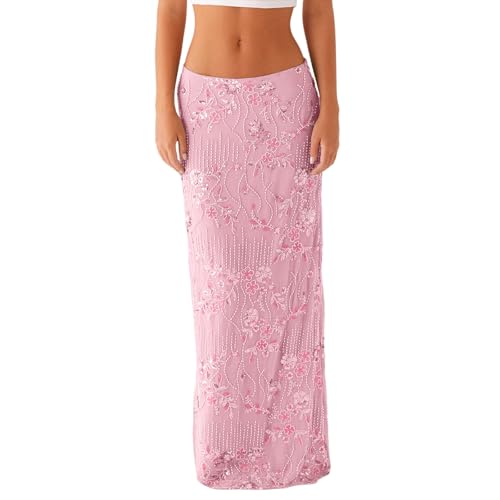 Jupe longue à paillettes Y2K broderie florale strass taille basse pour look festival et soirée