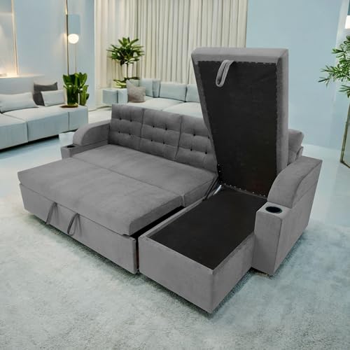 Image of Casaliving Grance RHS 6 Seater Corner Sofa Cum Bed for Living Room with Storage (Dark Grey Fabric) Premium Fabric Sofa Set