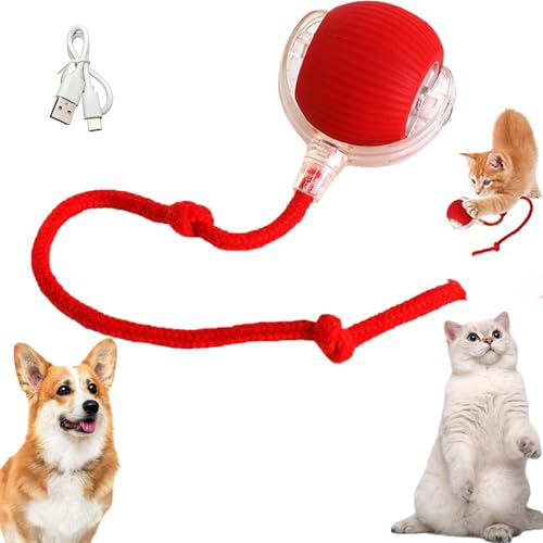 Ruicubei Chewie Rolling Ball,Juguete interactivo para gato,Bola interactiva para perro con luz LED, juguete giratorio automático de 360 ° para gato y perro (【con cordón】 rojo)