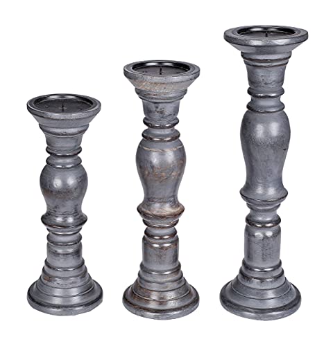 Set of 3 Wooden Pillar Candle Holders, Ideal for LED and Pillar Candles, Gifts for Wedding, Party, Home, Spa, Reiki, Aromatherapy, Votive Candle Gardens - 16 Inch, 14 Inch, and 12 Inch - Dark Grey