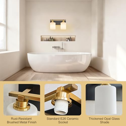 Image of Modern Bathroom Lighting Fixtures Over Mirror, Vanity Lights for Bathroom, Wall Sconces with Milky White Glass Shades, E26 Ceramic Socket, 2-Light 14-inch Black and Gold