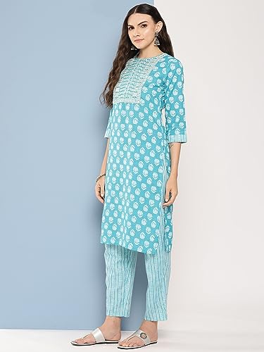 Image of INDO ERA Women's Printed Pure Cotton Kurta With Pant & Dupatta Set (23APR040)