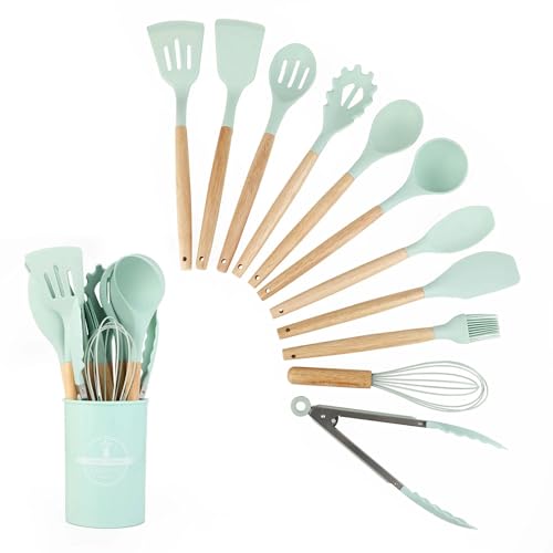Set di 12 utensili da cucina in silicone, antiaderenti, per uso alimentare, verde alghe (verde alghe)