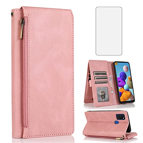 Asuwish Compatible con Samsung Galaxy A21S Wallet Case Protector de pantalla de vidrio templado con cremallera de cuero Flip Cover titular de la tarjeta Soporte de accesorios celulares Teléfono para