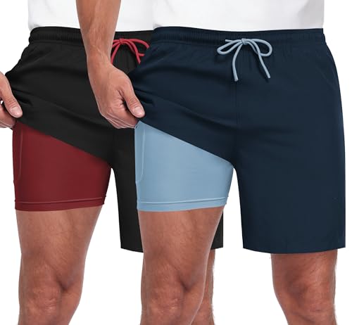 Zoofly Mens Swim Trunks 2 in 1 Board Shorts Quick Dry Swim Shorts with Zipper Pockets Surf Shorts with Compression Liner 2 Pack Black Navy Blue L