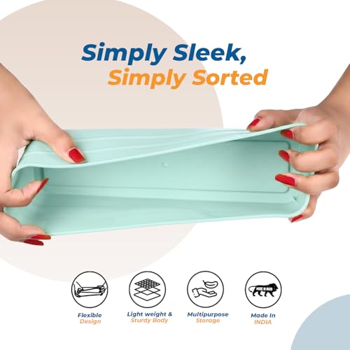 Image of KOLORR Flexi Tray Narrow Flexible Space-Saving Storage, Stackable Storage Organizer, Drawer Organizer Trays for Home, Washroom, Office, and Kitchen Organization Pack of 6 - Mint