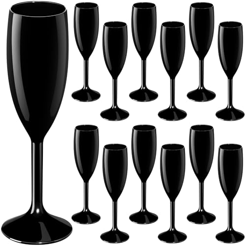 Maxcheck 12 Pcs Champagne Flutes Bulk Acrylic Toasting Drinking Flute Unbreakable Goblet Champagne Cups 6 oz Plastic Wine Glasses for Mothers Day Wedding Bridal Shower Anniversary Party (Black)