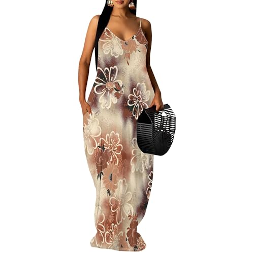 Image of Women's Summer Maxi Dress Spaghetti Strap Floral Boho Beach Long Sundress with Pockets