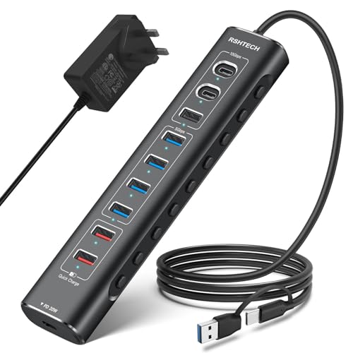 RSHTECH 60W Powered USB Hub, 10-Port USB-C Hub with 3x USB 3.2 10Gbps Data Ports (2C+1A)