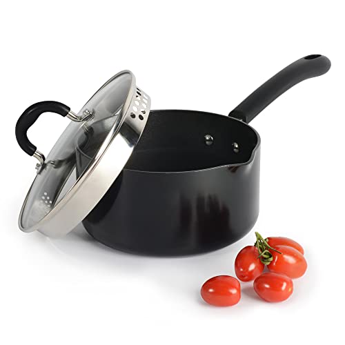 ProCook Gourmet Non-Stick - Grande Casserole Compatible Induction - 18cm / 2,3L - Revêtement Antiadhésif - Becs Verseurs - Couvercle Passoire Verre Trempé - Poignée Silicone Isolant Cover