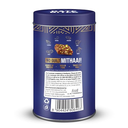 Image of Happilo Celebration Date Bites Tin 200g, Premium Gift, Healthy Snacks, Made with Dates, Cashews, California Almonds, Pistachios, Honey, Ghee