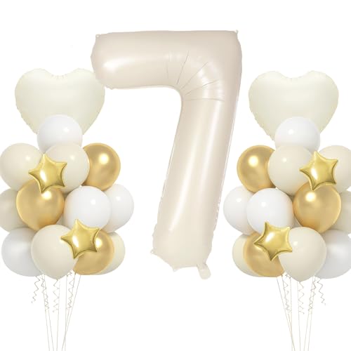 Globos de cumpleaños 7 años, VUCDXOP 17pcs Beige Traje de Globo de cumpleaños con Globo de gran número 7, 101 CM Globo 7 Años, Decoracion 1 Cumpleaños, Globo Numero 7 para Fiestas, Vuelan con Helio