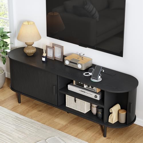 Image of 63 inch TV Stand with Power Outlet, Modern Media Console with Sliding Doors, Entertainment Center for TVs up to 60 Inch, Adjustable Shelves, Black