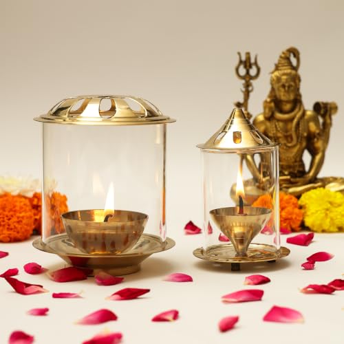 Image of Klassic Combo of Big Akhand Diya with Navjyoti Small Akhand Diya with Borosilicate Glass Shade for Mandir with Glass Cover Cylindrical Brass Diya