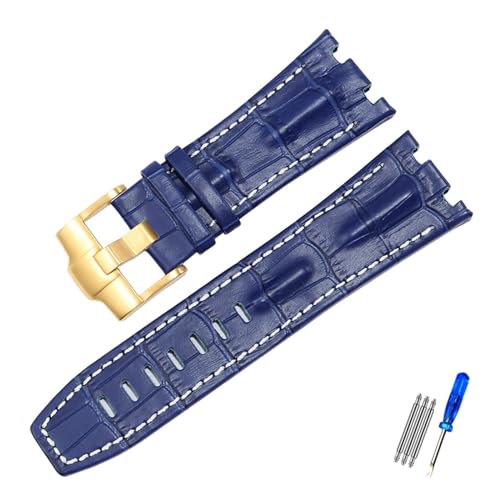 Run Ken AP 15703 ロイヤル オーク オフショア シリーズ 28mm ブラック ブラウン ブルー 時計バンド アクセサリー メンズと互換性のある本革時計ストラップ(Blue white-gold)