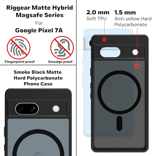 Image of RIGGEAR Shockproof Sleek Hybrid Armor Back Cover Case Compatible with MagSafe Accessories for Google Pixel 7A (Smoke Black Matte PC + Black TPU Bumper)