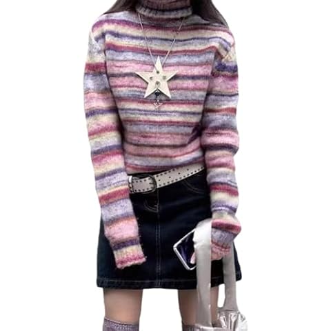 Women Vintage Rainbow Striped Turtleneck Sweater Y2k Harajuku Long Sleeve Colorful Knitted Pullver Tops Cover