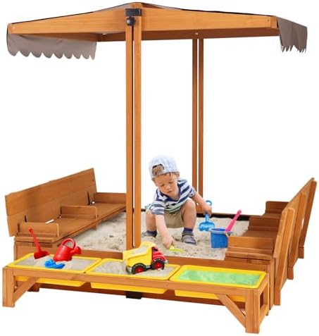 GUTINNEEN Wooden Sandbox Backyard Sand Box with Cover, Outdoor Sandbox for Kids with 3 Toy Bins