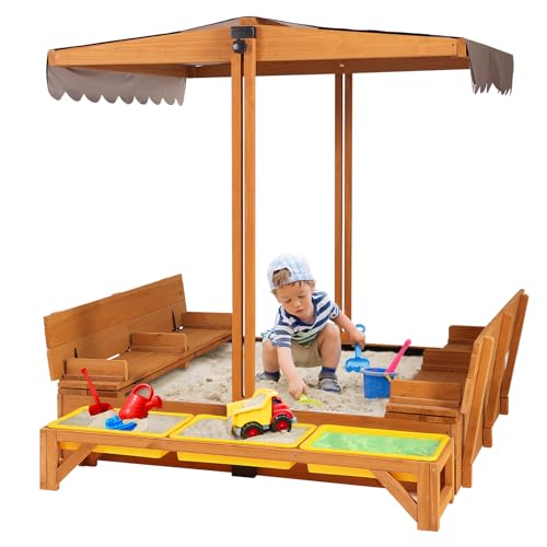 Image of GUTINNEEN Wooden Sandbox Backyard Sand Box with Cover, Outdoor Sandbox for Kids with 3 Toy Bins