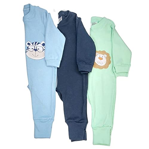 Macacao Bebe Suedine Com Zíper Menino Liso e Bordado Kit 3 Peças Para Menino 100% Algodão