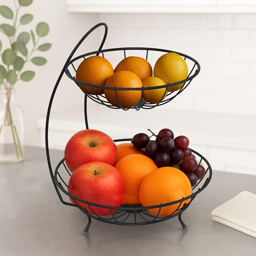 Image of Plantex Fruit Basket for Dining Table /2-Tier Vegetable Basket Stand /Fruit Bowl /Vegetable and Fruit Stand for Kitchen Storage - Black, (23 x 32 x 28 cm)